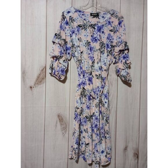 Glamour Dress Ladies 16 Pink Purple Floral‎ 3/4 Sleeve Midi - Picture 1 of 9